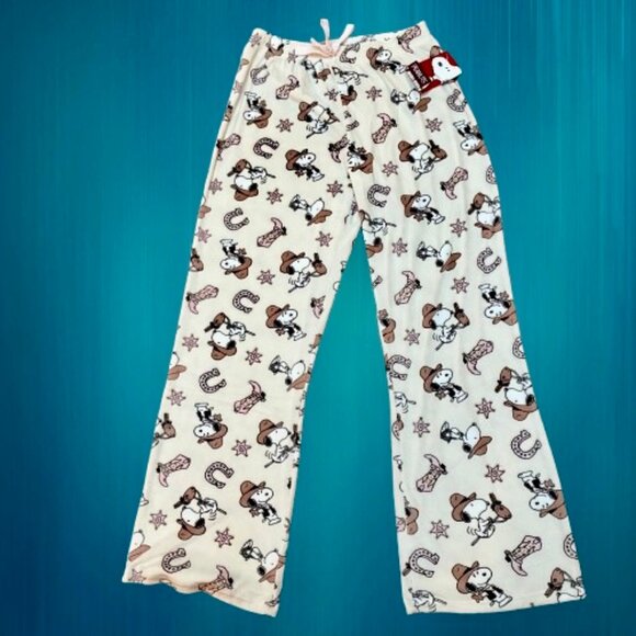 Peanuts COWBOY SNOOPY Sleep Pajama Pants Fleece Womens Large Stick Horse Sheriff - Picture 2 of 11